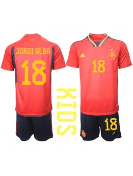 Spanien Jordi Alba #18 Heimtrikotsatz für Kinder WM 2022 Kurzarm (+ Kurze Hosen)